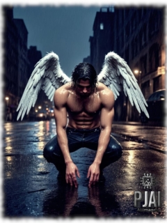 Engel mit gespreizten weißen Flügeln in Großstadtkulisse hockend, mit gesenktem Haupt. Engel mit gespreizten weißen Flügeln in Großstadtkulisse hockend, mit gesenktem Haupt.