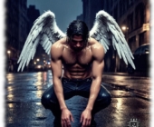 Engel mit gespreizten weißen Flügeln in Großstadtkulisse hockend, mit gesenktem Haupt. Engel mit gespreizten weißen Flügeln in Großstadtkulisse hockend, mit gesenktem Haupt.