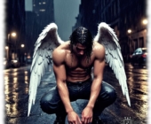 Engel mit weißen Flügeln in Großstadtkulisse hockend, mit gesenktem Haupt. Engel mit weißen Flügeln in Großstadtkulisse hockend, mit gesenktem Haupt.