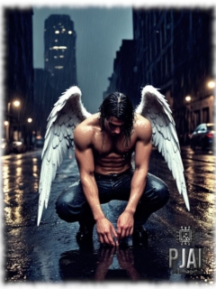 Engel mit weißen Flügeln in Großstadtkulisse hockend, mit gesenktem Haupt. Engel mit weißen Flügeln in Großstadtkulisse hockend, mit gesenktem Haupt.