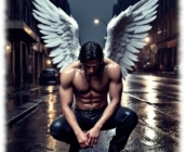 Engel mit erhobenen weißen Flügeln in Großstadtkulisse hockend, mit gesenktem Haupt. Engel mit erhobenen weißen Flügeln in Großstadtkulisse hockend, mit gesenktem Haupt.