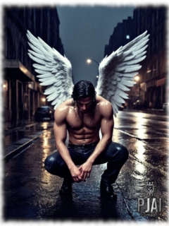 Engel mit erhobenen weißen Flügeln in Großstadtkulisse hockend, mit gesenktem Haupt. Engel mit erhobenen weißen Flügeln in Großstadtkulisse hockend, mit gesenktem Haupt.