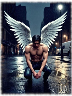 Engel mit erhobenen weißen Flügeln in Großstadtkulisse hockend, mit gesenktem Haupt. Engel mit erhobenen weißen Flügeln in Großstadtkulisse hockend, mit gesenktem Haupt.