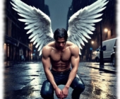 Engel mit erhobenen weißen Flügeln in Großstadtkulisse hockend, mit gesenktem Haupt. Engel mit erhobenen weißen Flügeln in Großstadtkulisse hockend, mit gesenktem Haupt.