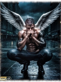 Engel mit erhobenen Flügeln in Großstadtkulisse hockend, nahezu betend wirkend. Engel mit erhobenen Flügeln in Großstadtkulisse hockend, nahezu betend wirkend.