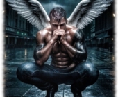 Engel mit erhobenen Flügeln in Großstadtkulisse hockend, nahezu betend wirkend. Engel mit erhobenen Flügeln in Großstadtkulisse hockend, nahezu betend wirkend.