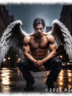 Engel mit gespreizten Flügeln in Großstadtkulisse hockend. Engel mit gespreizten Flügeln in Großstadtkulisse hockend.