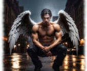 Engel mit gespreizten Flügeln in Großstadtkulisse hockend. Engel mit gespreizten Flügeln in Großstadtkulisse hockend.