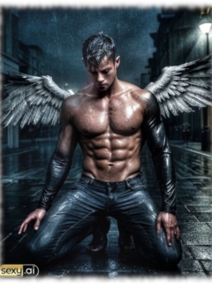 Engel mit freiem Oberkörper, auf Straße kniend und gesenktem Blick. Engel mit freiem Oberkörper, auf Straße kniend und gesenktem Blick.