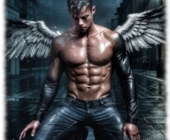 Engel mit freiem Oberkörper, auf Straße kniend und gesenktem Blick. Engel mit freiem Oberkörper, auf Straße kniend und gesenktem Blick.