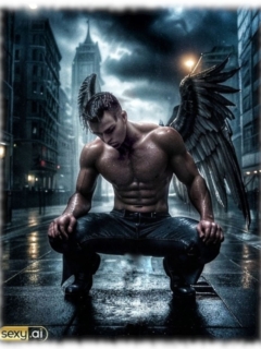 Schwarzer Engel, auf Straße hockend mit gesenktem Blick. Schwarzer Engel, auf Straße hockend mit gesenktem Blick.