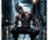 Schwarzer Engel, auf Straße hockend mit gesenktem Blick. Schwarzer Engel, auf Straße hockend mit gesenktem Blick.