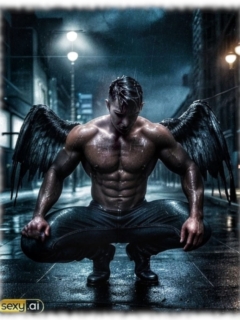 Halbnackter Engel, mit schwarzen Flügeln im Regen auf Straße hockend. Halbnackter Engel, mit schwarzen Flügeln im Regen auf Straße hockend.