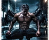 Halbnackter Engel, mit schwarzen Flügeln im Regen auf Straße hockend. Halbnackter Engel, mit schwarzen Flügeln im Regen auf Straße hockend.