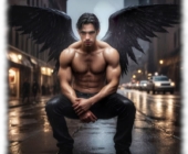 Engel, der mit seinen schwarzen Flügeln kokettiert. Engel, der mit seinen schwarzen Flügeln kokettiert.