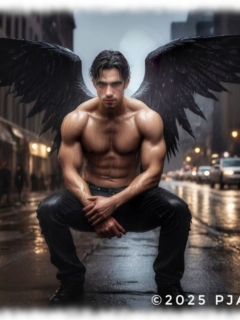 Engel, der mit seinen schwarzen Flügeln kokettiert. Engel, der mit seinen schwarzen Flügeln kokettiert.