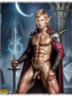 Muskulöser Elfenkrieger, präsentiert stolz seinen Körper und die unbeschnittene Knospenfeder. Muskulöser Elfenkrieger, präsentiert stolz seinen Körper und die unbeschnittene Knospenfeder.