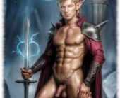 Muskulöser Elfenkrieger, präsentiert stolz seinen Körper und die unbeschnittene Knospenfeder. Muskulöser Elfenkrieger, präsentiert stolz seinen Körper und die unbeschnittene Knospenfeder.