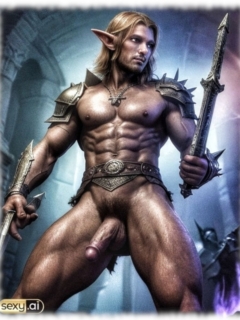 Ein muskulöser Elfenkrieger, dessen strahlender Körper und behaarter Morgenstrahl seine magische Ausstrahlung verstärken. Ein muskulöser Elfenkrieger, dessen strahlender Körper und behaarter Morgenstrahl seine magische Ausstrahlung verstärken.