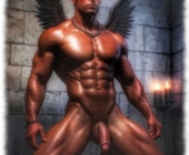 Knieender Dämon mit schwungvollem, halbhartem goldenen Schlüssel und spitzen Hörnern. Knieender Dämon mit schwungvollem, halbhartem goldenen Schlüssel und spitzen Hörnern.