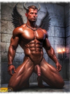 Knieender Dämon mit schwungvollem, halbhartem goldenen Schlüssel und spitzen Hörnern. Knieender Dämon mit schwungvollem, halbhartem goldenen Schlüssel und spitzen Hörnern.