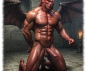 Knieender Dämon im Verlies blickt auf seine ausgeprägte , von Glut durchströmte Härte. Knieender Dämon im Verlies blickt auf seine ausgeprägte , von Glut durchströmte Härte.