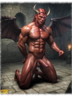 Knieender Dämon im Verlies blickt auf seine ausgeprägte , von Glut durchströmte Härte. Knieender Dämon im Verlies blickt auf seine ausgeprägte , von Glut durchströmte Härte.