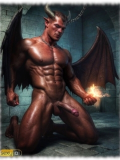 Knieender Dämon im Verlies blickt auf seine ausgeprägte , von Glut durchströmte Härte. Knieender Dämon im Verlies blickt auf seine ausgeprägte , von Glut durchströmte Härte.