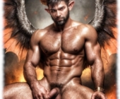 Sitzender Dämon präsentiert breitbeinig und stolz seine unrasierte Feder der Sinnlichkeit. Sitzender Dämon präsentiert breitbeinig und stolz seine unrasierte Feder der Sinnlichkeit.