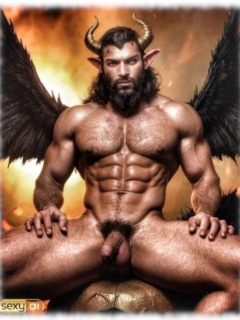 Bärtiger Dämon, behaart, muskulös, präsentiert stolz sein Juwel der Sünde. Bärtiger Dämon, behaart, muskulös, präsentiert stolz sein Juwel der Sünde.