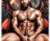 Sitzender, behaarter Dämon mit sichtbarer Granitsäule der Lust verdeckt seine Zwillinge des Schicksals mit den Händen. Sitzender, behaarter Dämon mit sichtbarer Granitsäule der Lust verdeckt seine Zwillinge des Schicksals mit den Händen.