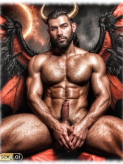 Sitzender, behaarter Dämon mit sichtbarer Granitsäule der Lust verdeckt seine Zwillinge des Schicksals mit den Händen. Sitzender, behaarter Dämon mit sichtbarer Granitsäule der Lust verdeckt seine Zwillinge des Schicksals mit den Händen.