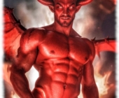 Nackter Dämon mit lüsternen Blick greift an seine Lanze des Begehrens. Nackter Dämon mit lüsternen Blick greift an seine Lanze des Begehrens.