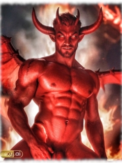 Nackter Dämon mit lüsternen Blick greift an seine Lanze des Begehrens. Nackter Dämon mit lüsternen Blick greift an seine Lanze des Begehrens.