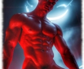 Nackter Dämon steht mit gespreizten Beinen, sinnlichem Blick und zeigt Juwel der Sünde. Nackter Dämon steht mit gespreizten Beinen, sinnlichem Blick und zeigt Juwel der Sünde.