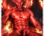 Wütender Dämon kniet im Feuer mit gespreizten Beinen, massive Flammenlanze deutlich sichtbar. Wütender Dämon kniet im Feuer mit gespreizten Beinen, massive Flammenlanze deutlich sichtbar.