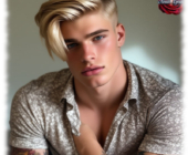 Portrait eines sinnlich blickenden, blonden Twinks. Hand unter dem Hemd berührt die Brust. Portrait eines sinnlich blickenden, blonden Twinks. Hand unter dem Hemd berührt die Brust.