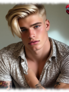 Portrait eines sinnlich blickenden, blonden Twinks. Hand unter dem Hemd berührt die Brust. Portrait eines sinnlich blickenden, blonden Twinks. Hand unter dem Hemd berührt die Brust.