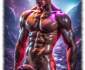 Nackter muskulöser Space-Men mit geädertem harten Brückenbogen auf Planet stehen. Nackter muskulöser Space-Men mit geädertem harten Brückenbogen auf Planet stehen.