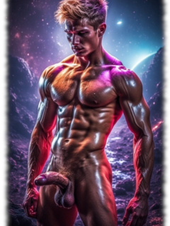 Nackter muskulöser Space-Men mit geädertem harten Brückenbogen auf Planet stehen. Nackter muskulöser Space-Men mit geädertem harten Brückenbogen auf Planet stehen.