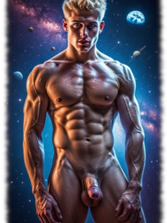 Nackter muskulöser Space-Men präsentiert frontal sein Juwel der Liebe im Universum. Nackter muskulöser Space-Men präsentiert frontal sein Juwel der Liebe im Universum.