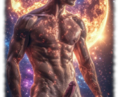 Nackter Space-Men mit harter aufstrebender Flamme und Mondperlen im Universum. Nackter Space-Men mit harter aufstrebender Flamme und Mondperlen im Universum.