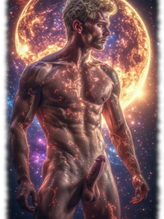 Nackter Space-Men mit harter aufstrebender Flamme und Mondperlen im Universum. Nackter Space-Men mit harter aufstrebender Flamme und Mondperlen im Universum.