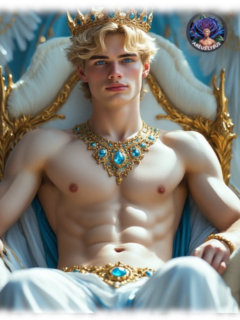 Twink mit Krone auf Thron sitzend, üppiger Halsschmuck, Gürtel und weißer Hose. Twink mit Krone auf Thron sitzend, üppiger Halsschmuck, Gürtel und weißer Hose.