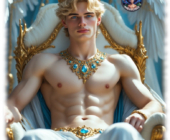 Twink mit Krone auf Thron sitzend, üppiger Halsschmuck, Gürtel und weißer Hose. Twink mit Krone auf Thron sitzend, üppiger Halsschmuck, Gürtel und weißer Hose.