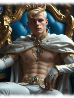 Twink mit Krone auf Thron sitzend, weißer Umhang und weiße Hose. Twink mit Krone auf Thron sitzend, weißer Umhang und weiße Hose.