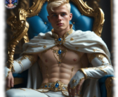 Twink mit Krone auf Thron sitzend, weißer Umhang und weiße Hose. Twink mit Krone auf Thron sitzend, weißer Umhang und weiße Hose.