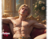 Frontalansicht. Muskulöser blonder Twink, auf Sofa sitzend mit verheißender Wölbung im Stoff. Frontalansicht. Muskulöser blonder Twink, auf Sofa sitzend mit verheißender Wölbung im Stoff.