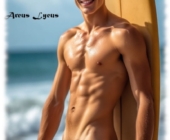 Blonder Twink am Surfbrett mit erwachendem Zepter der Sehnsucht. Blonder Twink am Surfbrett mit erwachendem Zepter der Sehnsucht.