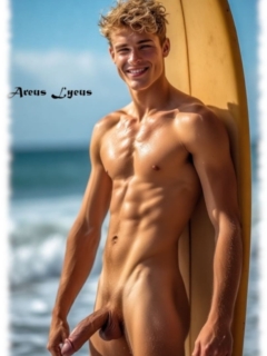 Blonder Twink am Surfbrett mit erwachendem Zepter der Sehnsucht. Blonder Twink am Surfbrett mit erwachendem Zepter der Sehnsucht.